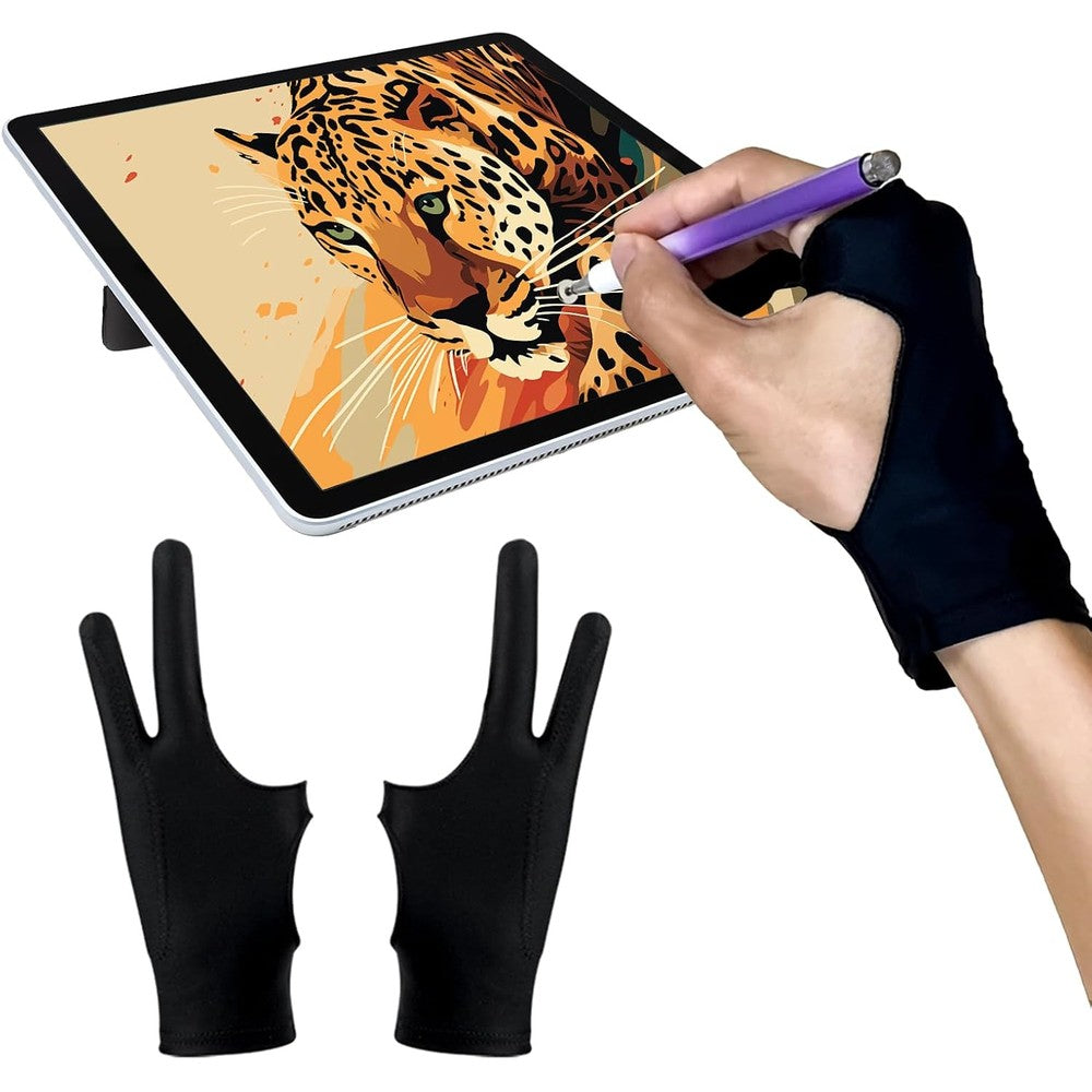 AmberVec Palm Rejection Drawing Glove front view of a black two-finger artist glove for tablet sketching.