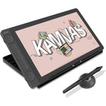 HUION Kamvas 13 Gen 3 drawing tablet front view displaying a colorful digital illustration on screen.