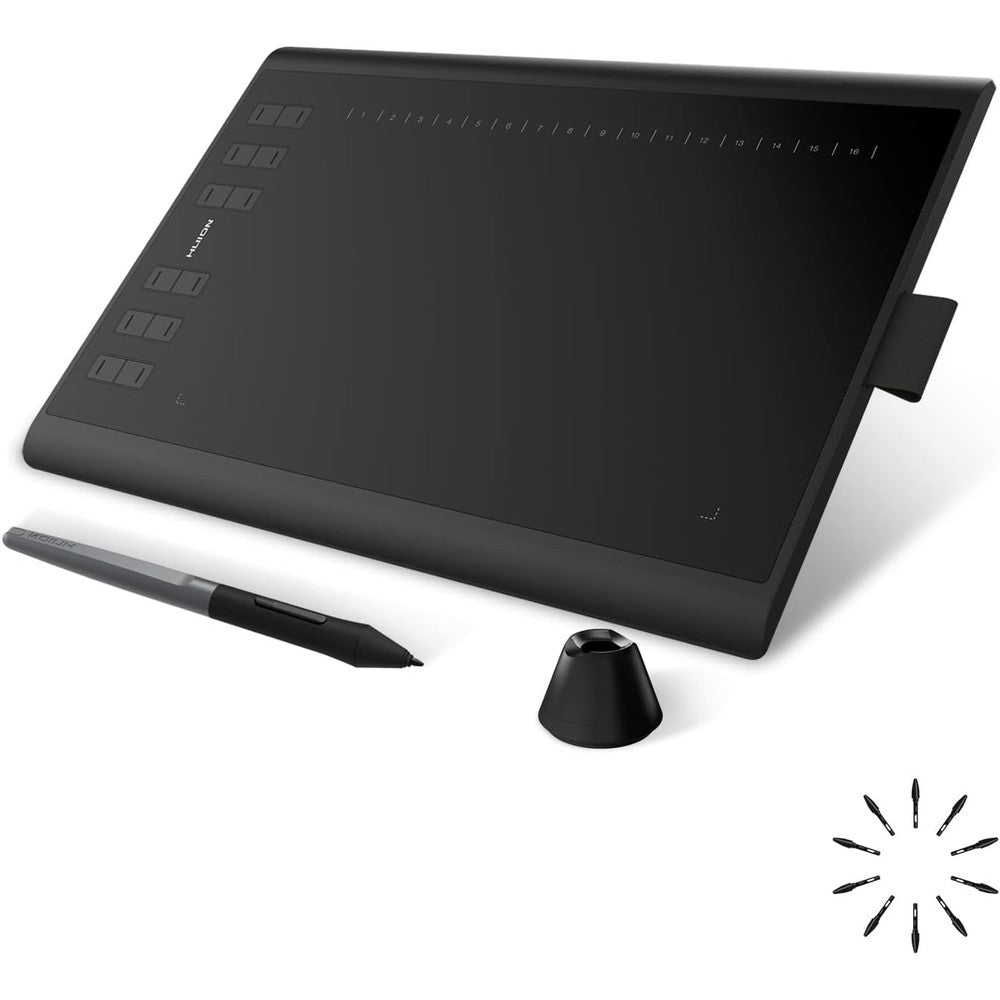 Huion Inspiroy H1060P graphics drawing tablet front view showcasing the large black active area and customizable express buttons.