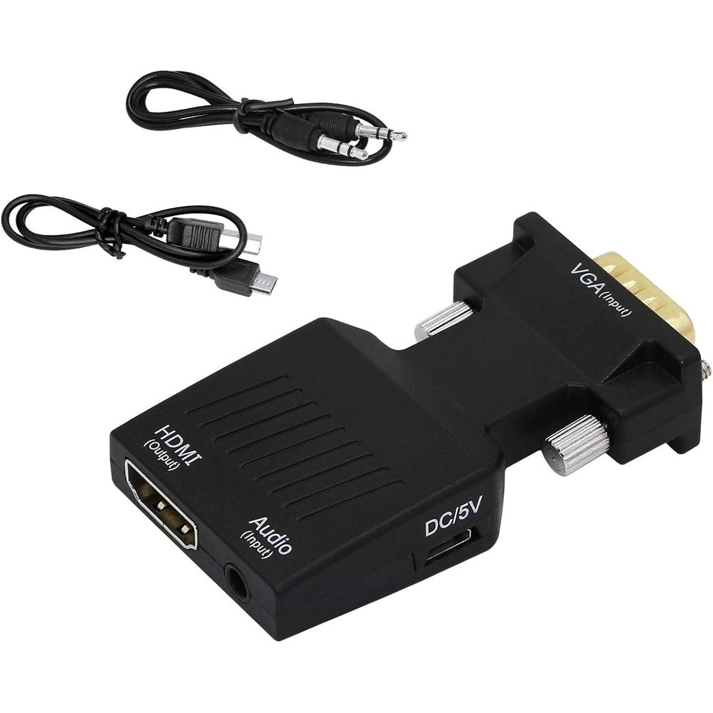 YACSEJAO VGA to HDMI adapter cable front view displaying the active converter casing and integrated audio connection