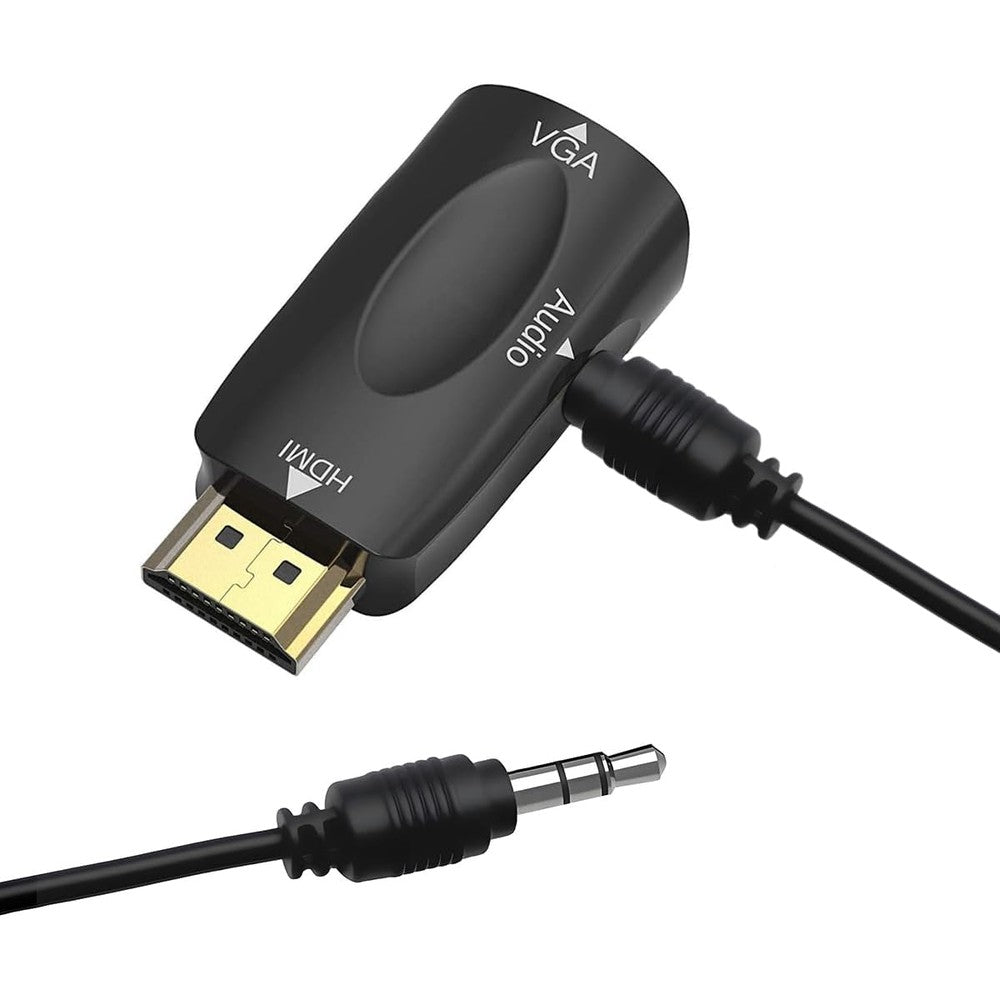 Guamar HDMI to VGA adapter front view showing gold plated male connector and black body