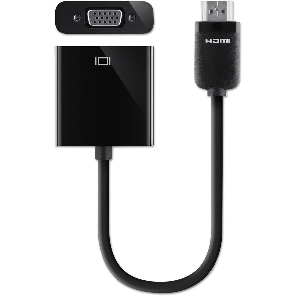 Belkin HDMI to VGA adapter dongle front view showcasing the black premium housing and connectors.