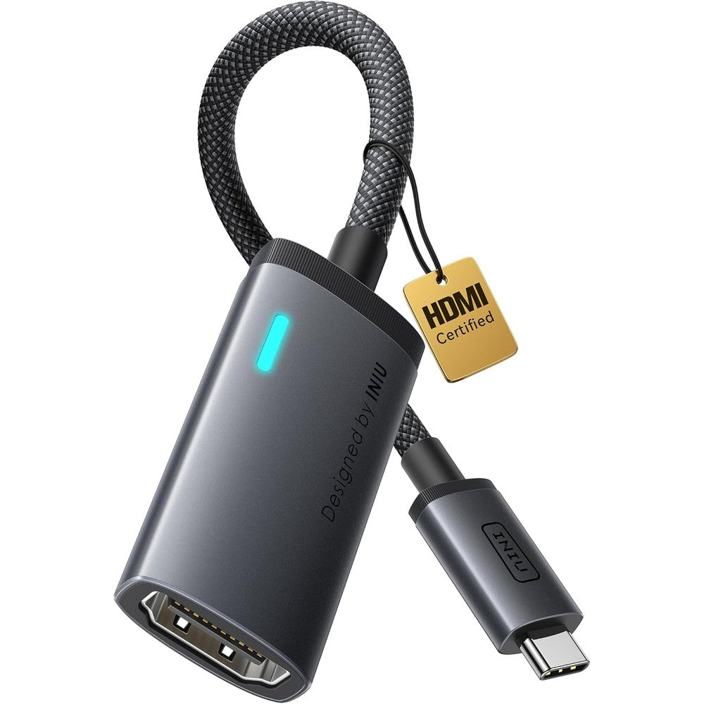 INIU USB C to HDMI adapter front view showing premium aluminum alloy housing