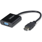 StarTech HDMI to VGA Adapter active video converter front view showcasing the compact black housing and premium male HDMI connector.