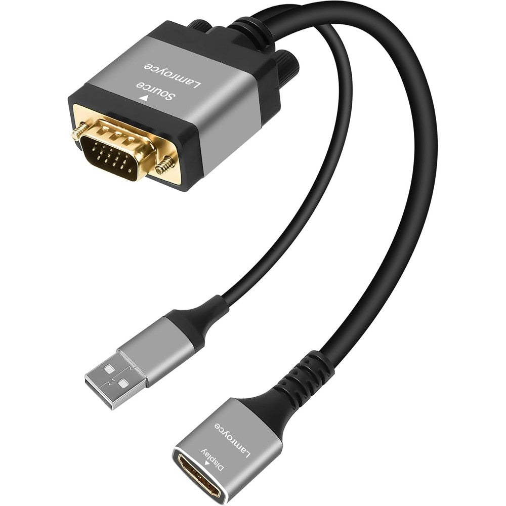 Lamroyce active VGA to HDMI adapter front view showing the VGA male connector and USB power cable.