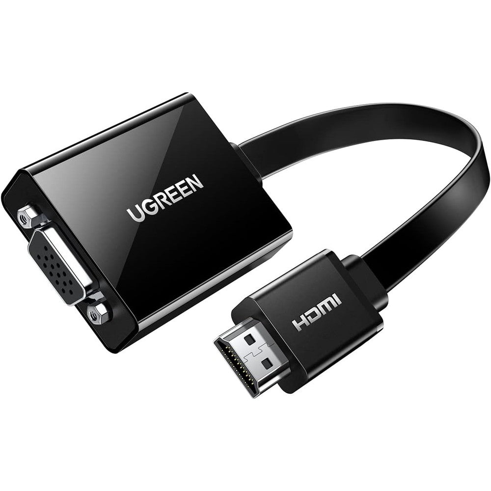 UGREEN Active HDMI to VGA Adapter front view showing the sleek black male HDMI connector and premium build quality.