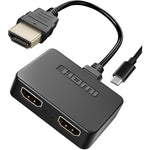 Cyberguys HDMI Splitter 1 in 2 out front view showing input and output port layout for dual display mirroring.
