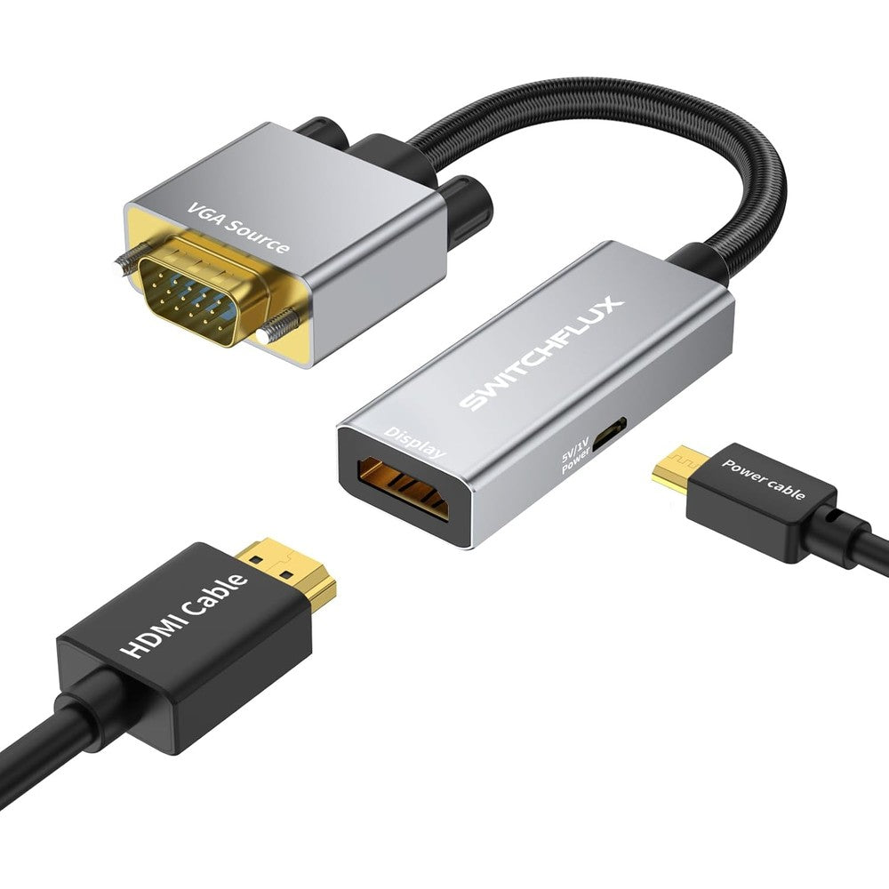 Switchflux VGA to HDMI Adapter front view showing gray aluminum housing and connectors.