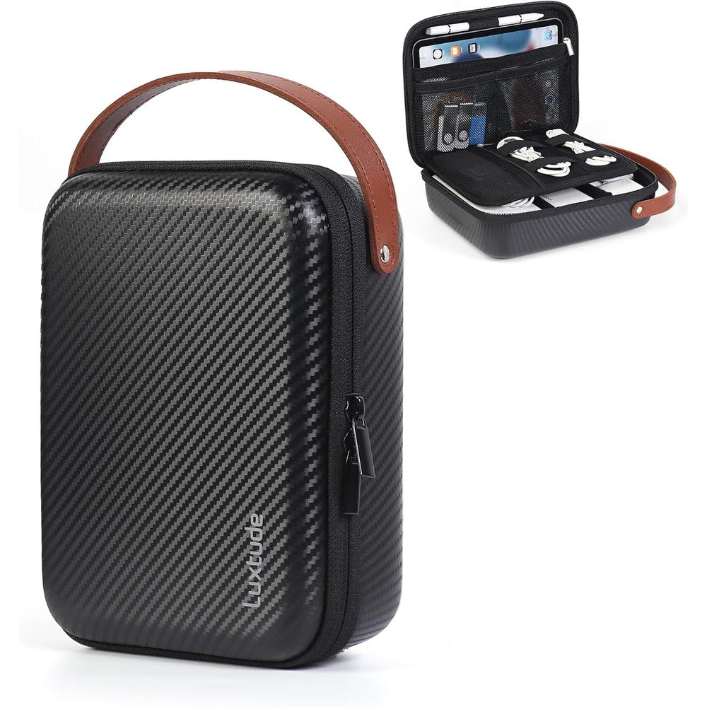 Luxtude electronics organizer travel case front view showing black carbon fiber texture