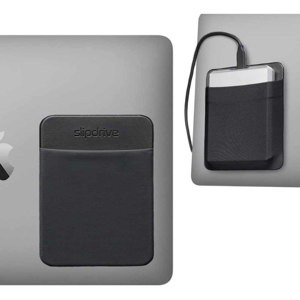 Slipdrive portable hard drive sleeve front view attached to a sleek silver laptop shell.