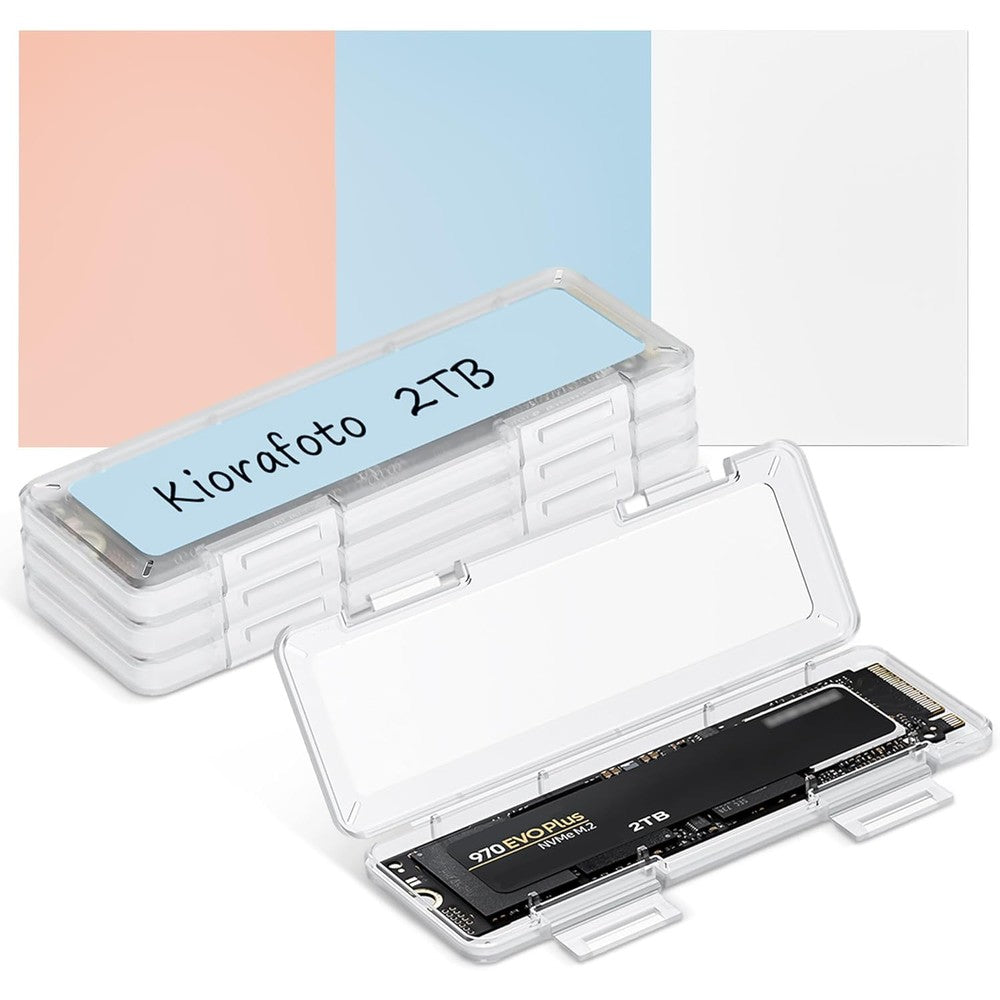 Kiorafoto clear plastic M.2 NVMe SSD protective case 4 pack front view showcasing individual drive storage holders.
