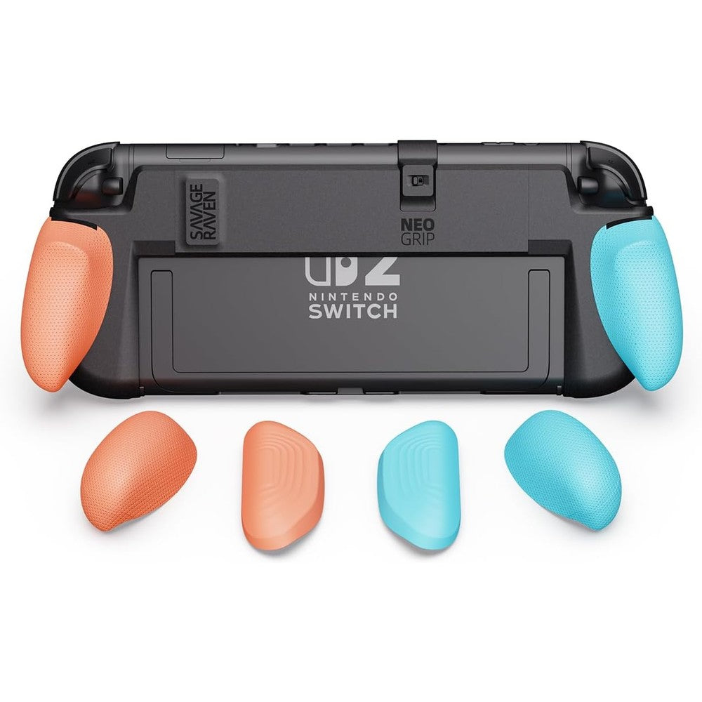 Savage Raven Skull and Co NeoGrip Nintendo Switch 2 case front view showcasing ergonomic neon blue and red handles.
