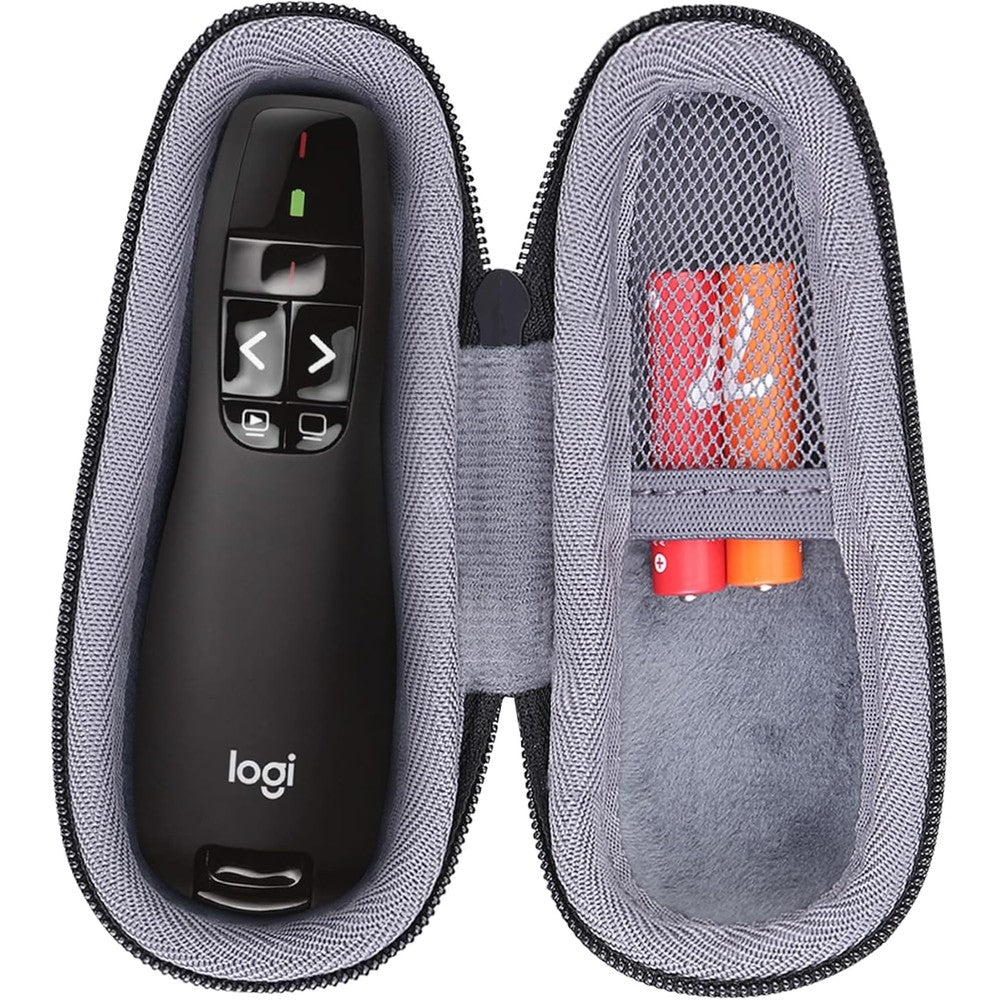 co2CREA hard case replacement for Logitech wireless presenter R400 front view showcasing the durable black EVA exterior shell.