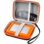 ALKOO protective hard drive case front view showing black exterior with orange zipper details
