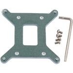 Gennel metal motherboard backplate front view showing standard seventy-eight millimeter mounting hole layout for Intel systems
