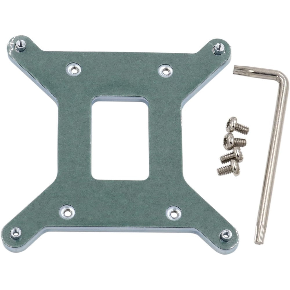 Gennel metal motherboard backplate front view showing standard seventy-eight millimeter mounting hole layout for Intel systems