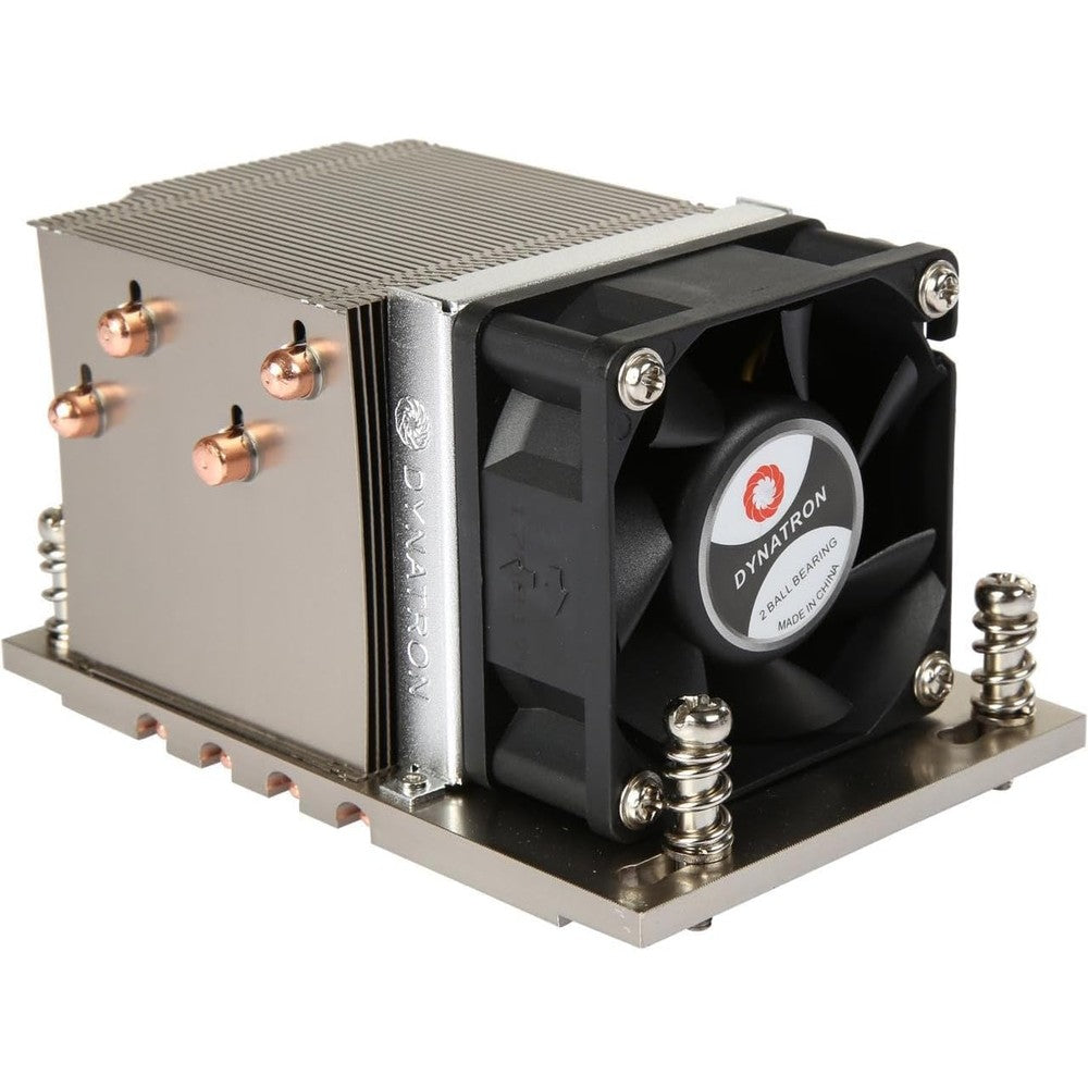 Dynatron A26 active server heatsink front view featuring aluminum cooling fins and embedded heatpipe infrastructure