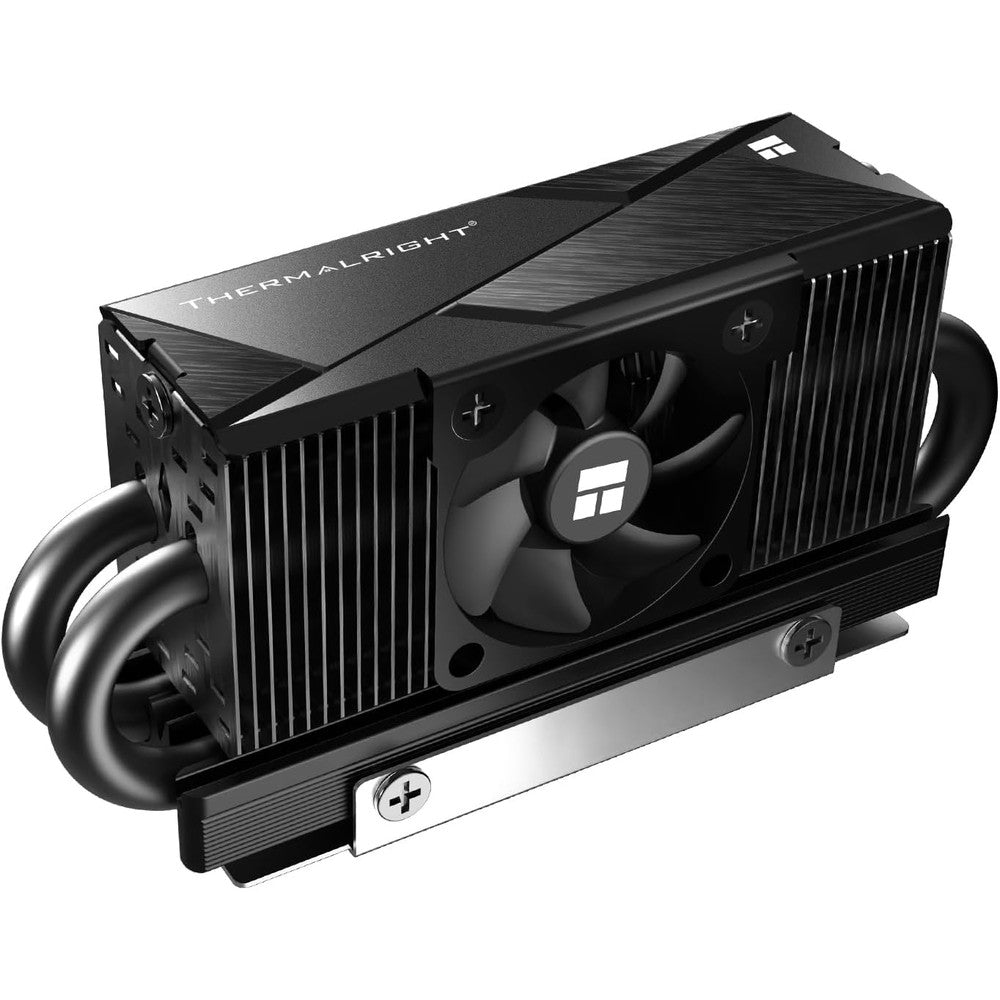 Thermalright HR10 2280 PRO Black SSD Heatsink Cooler front view showcasing sleek matte black metal shroud and active cooling fan module