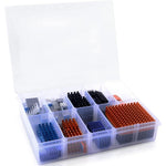 GeeekPi 102 pieces heatsink kit front view inside clear storage box showing multicolor aluminum and copper coolers.