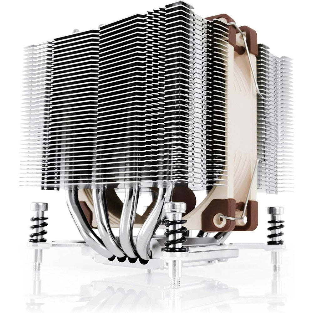 Noctua NH-D9DX i4 3U central processing unit cooler front view showing dual tower heatsink and signature brown fan.