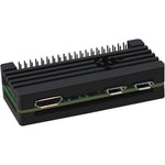 eleUniverse aluminum alloy heatsink case front view for Raspberry Pi passive cooling microcomputer setup.