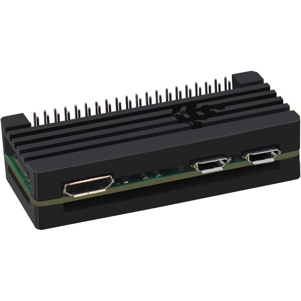 eleUniverse aluminum alloy heatsink case front view for Raspberry Pi passive cooling microcomputer setup.