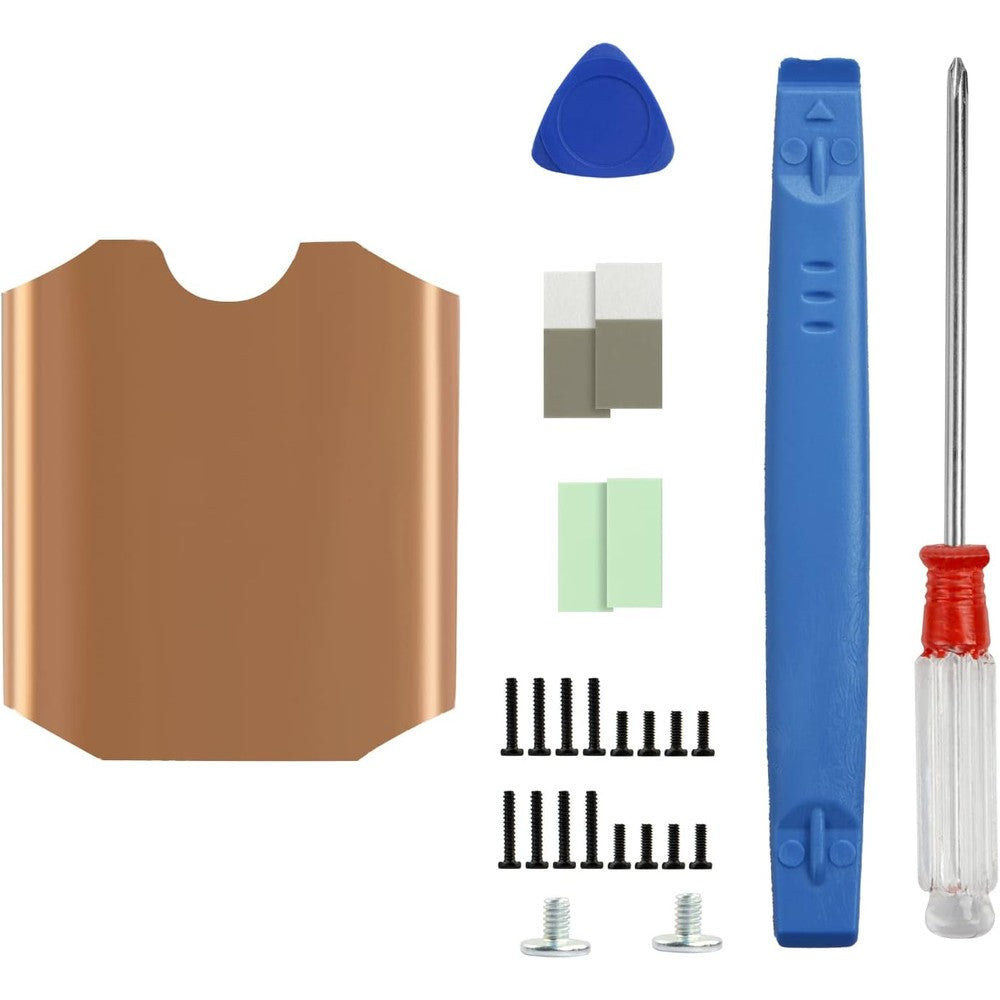 JOYJOM Steam Deck SSD copper heatsink repair kit front view showcasing the copper cooling plates and thermal pads.