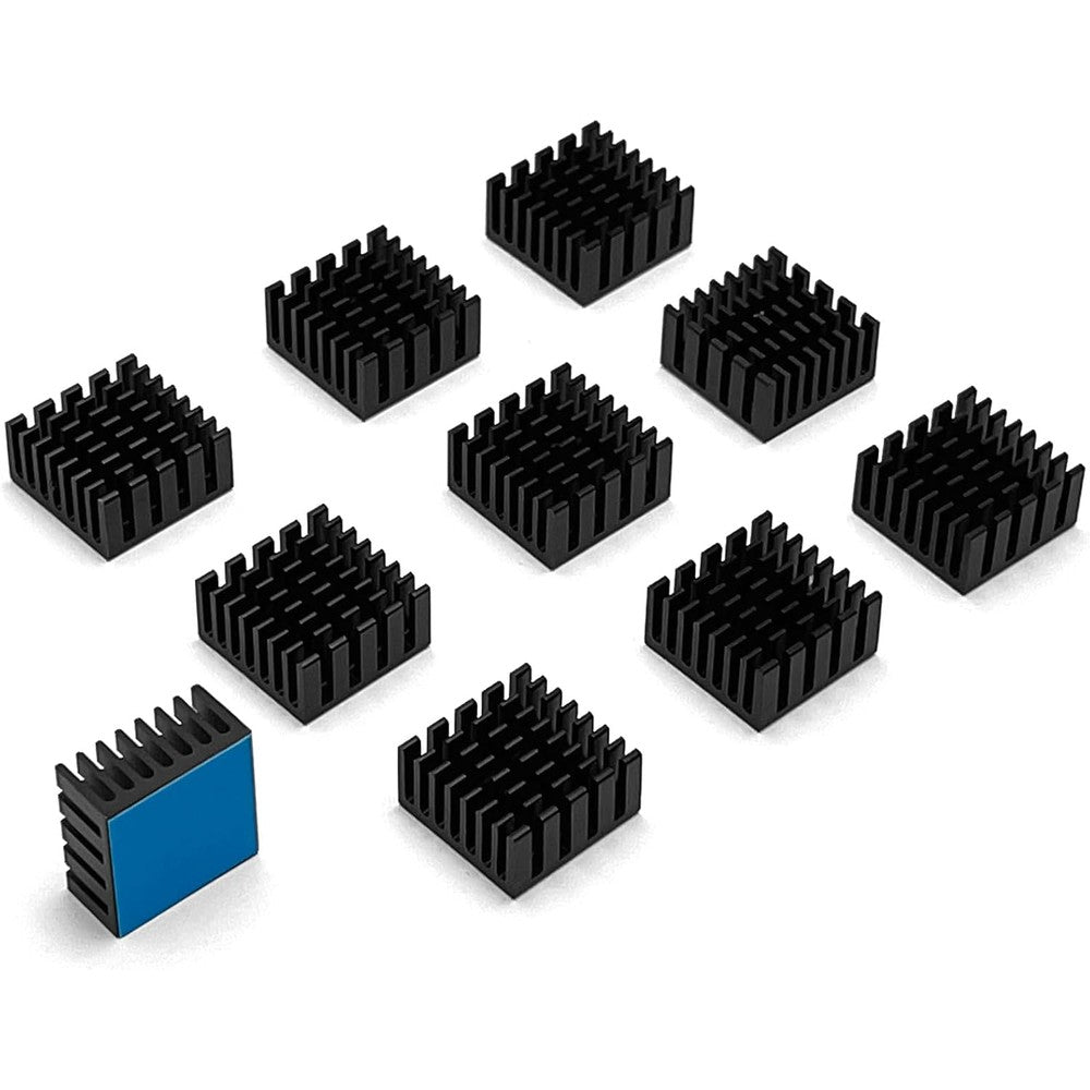 CIYODO mini heatsink kit front view showing ten black aluminum coolers with blue thermal tape backing.