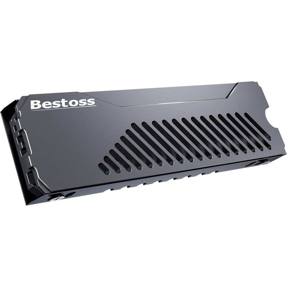 Bestoss M.2 SSD heatsink front view showing dark gray anodized aluminum alloy chassis