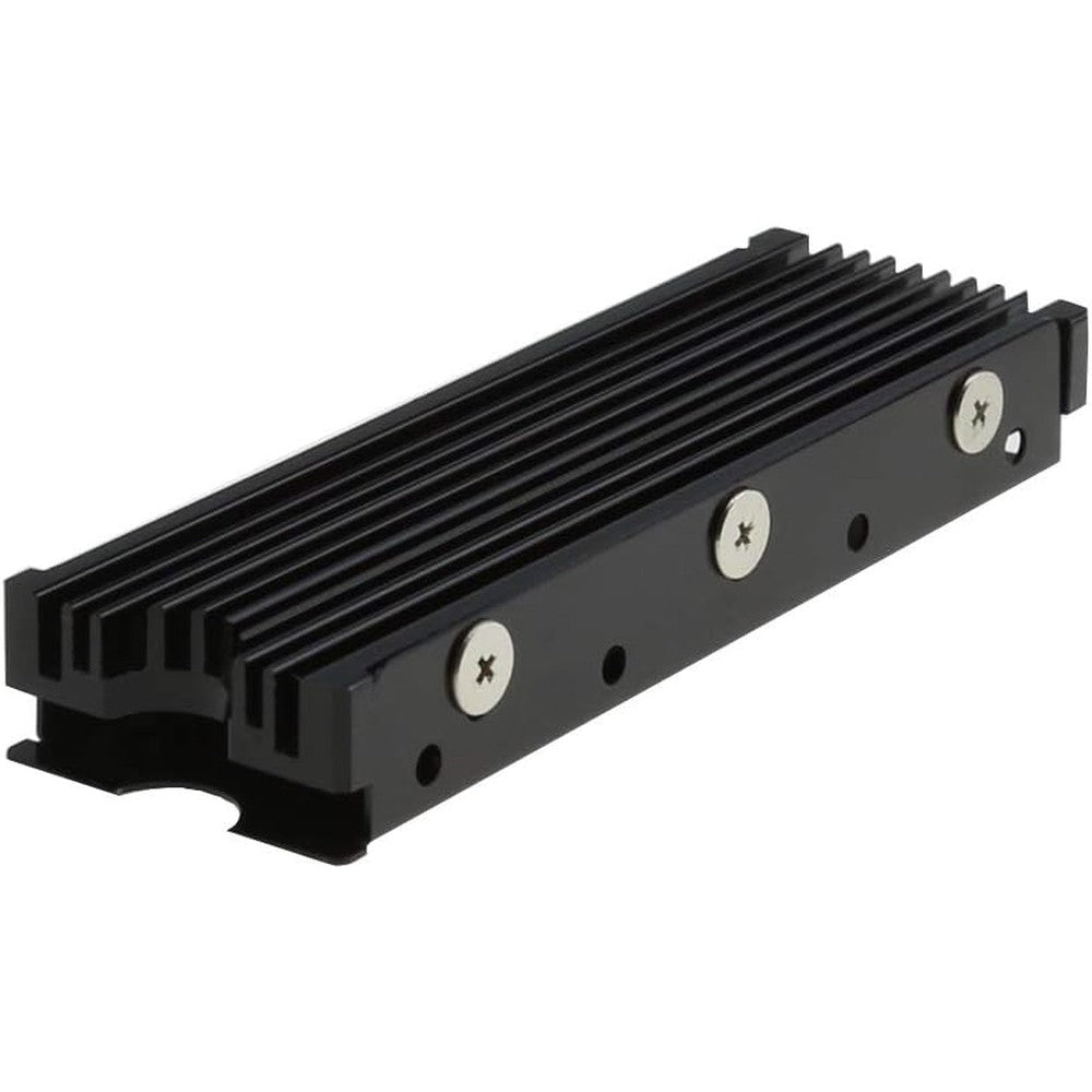 MHQJRH M.2 2280 millimeter solid state drive heatsink front view showing black aluminum alloy groove design.