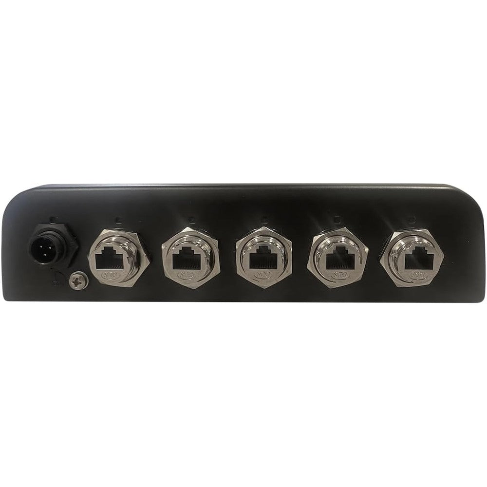 Furuno HUB102 Marinized 5 Port Ethernet Hub front view showing waterproof ports for marine networking.