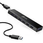 J5create 7-Port Powered USB 3.0 Data Hub front view showcasing the premium black aluminum housing and sleek layout.