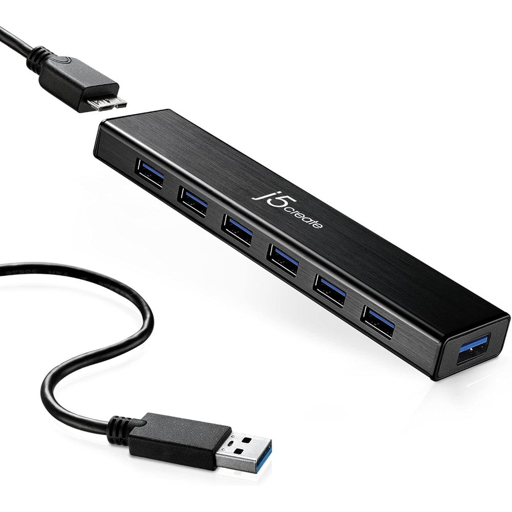 J5create 7-Port Powered USB 3.0 Data Hub front view showcasing the premium black aluminum housing and sleek layout.