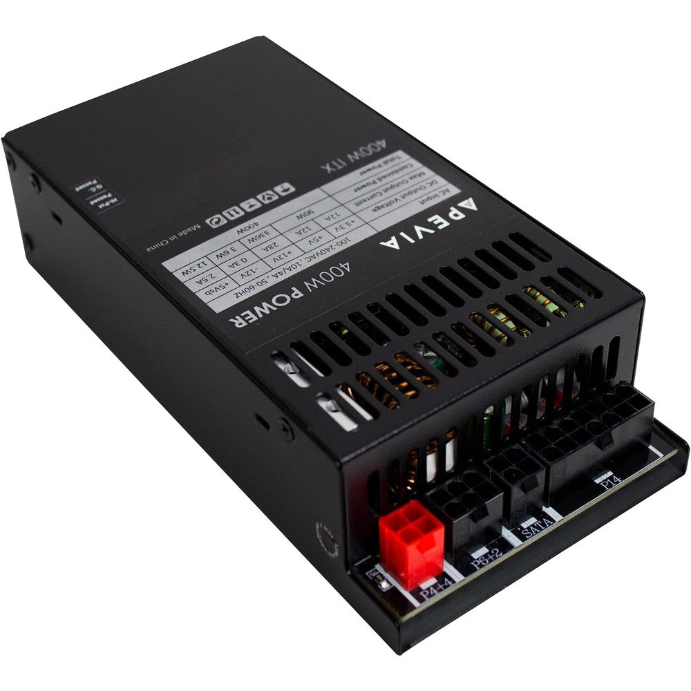 Apevia ITX-PFC400W modular power supply front view showing the ventilation grille and modular cable ports