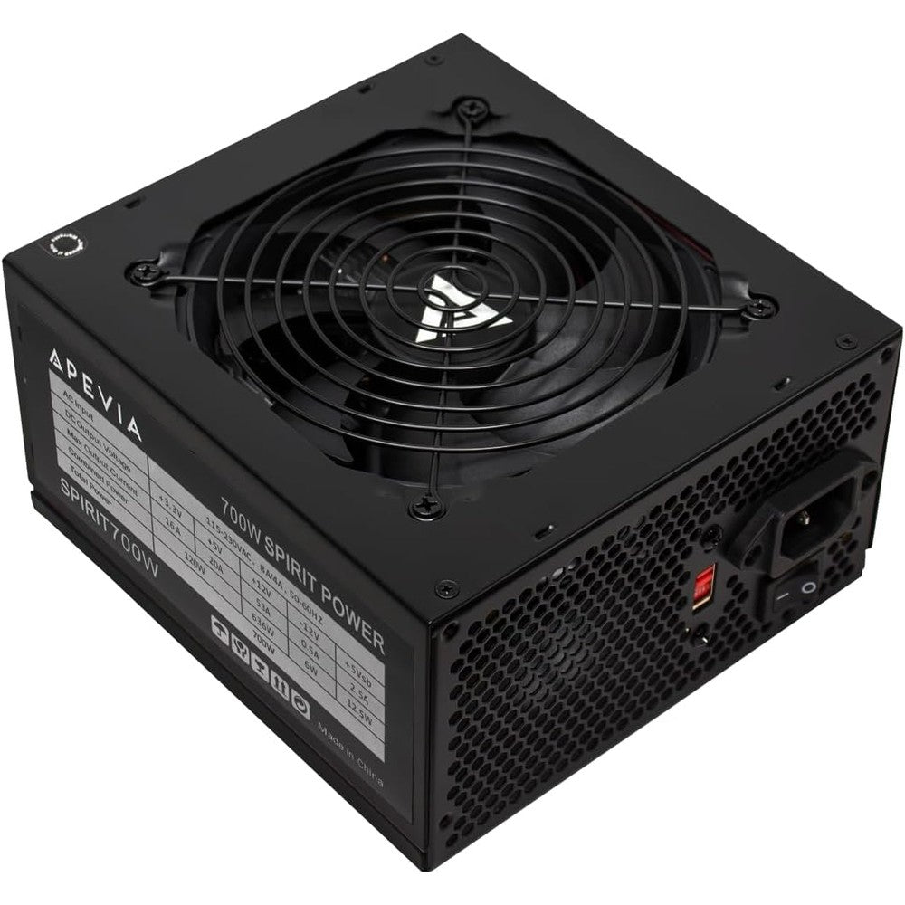 Apevia ATX-SP700 Spirit gaming power supply unit front view highlighting black sandblasted metal casing