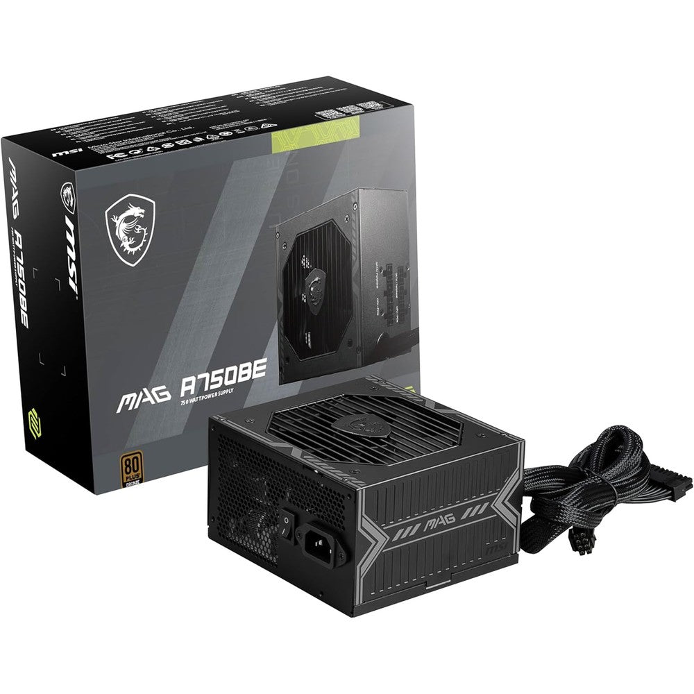 MSI MAG A750BE 750 Watt gaming power supply front view showing modular cable input ports.