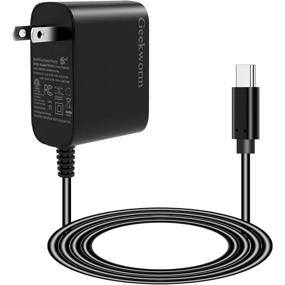 Geekworm 27W USB-C Power Supply front view showing compact black adapter block