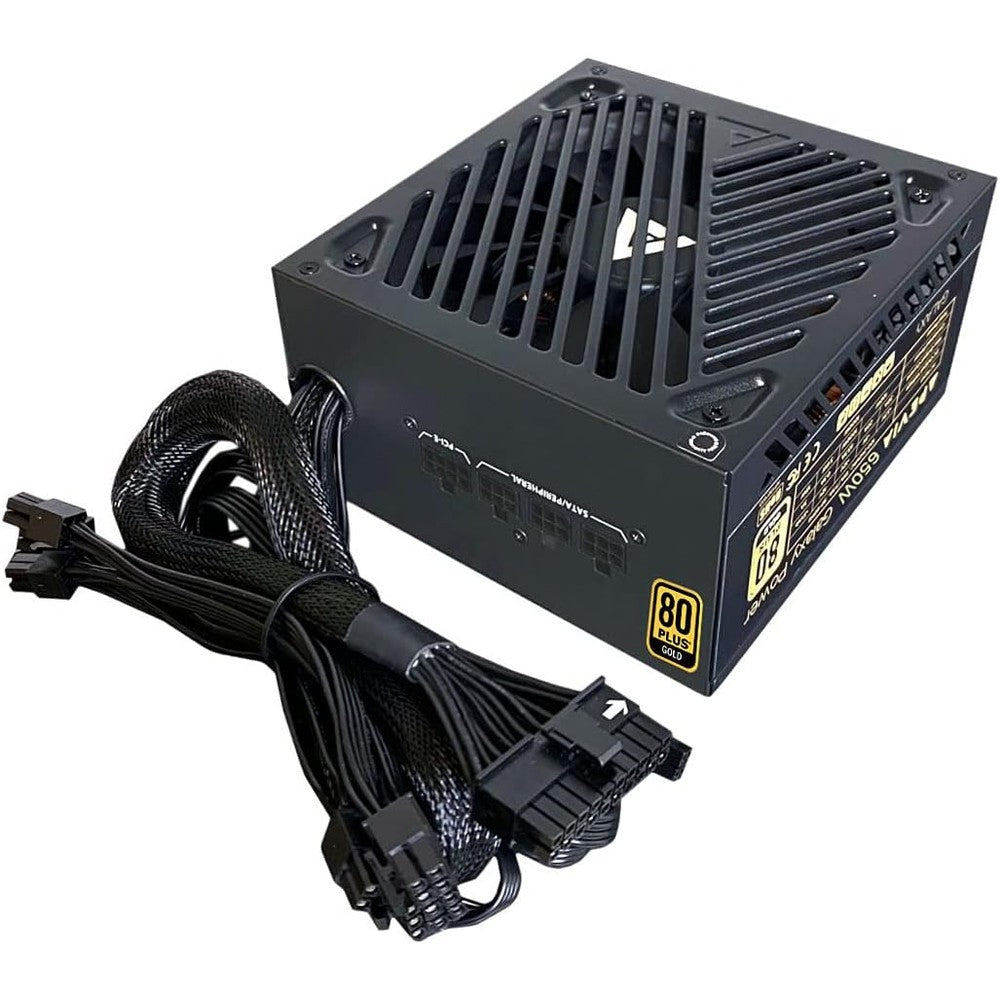 Apevia Galaxy 650 Watt power supply unit front view highlighting the premium black matte finish and compact ATX design.