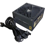 Apevia Galaxy 650 Watt power supply unit front view highlighting the premium black matte finish and compact ATX design.