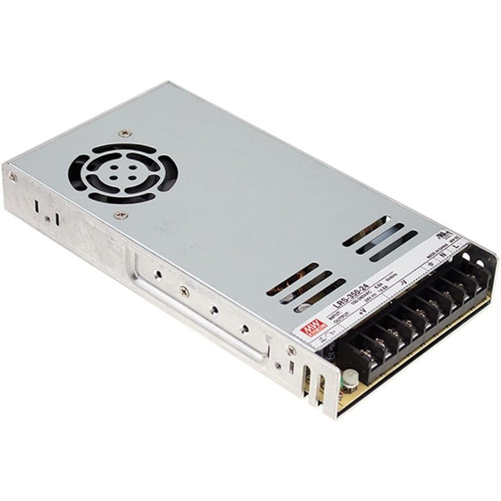 MEAN WELL LRS-350-24 switching power supply front view showing the metallic enclosed chassis and terminal blocks.