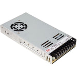 MEAN WELL LRS-350-24 switching power supply front view showing the metallic enclosed chassis and terminal blocks.