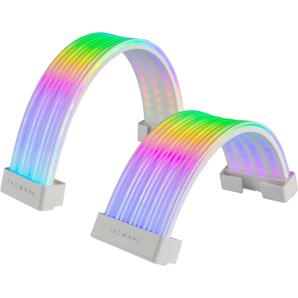 TECWARE Flex RGB Cable Cover Kit front view showing illuminated white addressable sleeves connected to a motherboard.