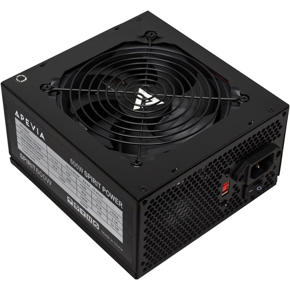 Apevia Spirit 600W ATX power supply front view showing black sandblasted casing