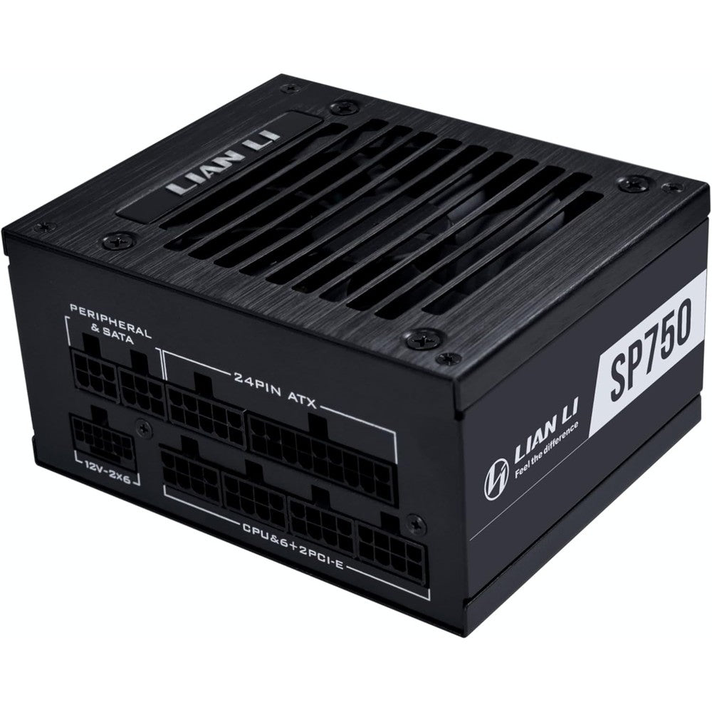 Lian Li SP750 V2 Gold SFX power supply front view showcasing the premium brushed aluminum housing.
