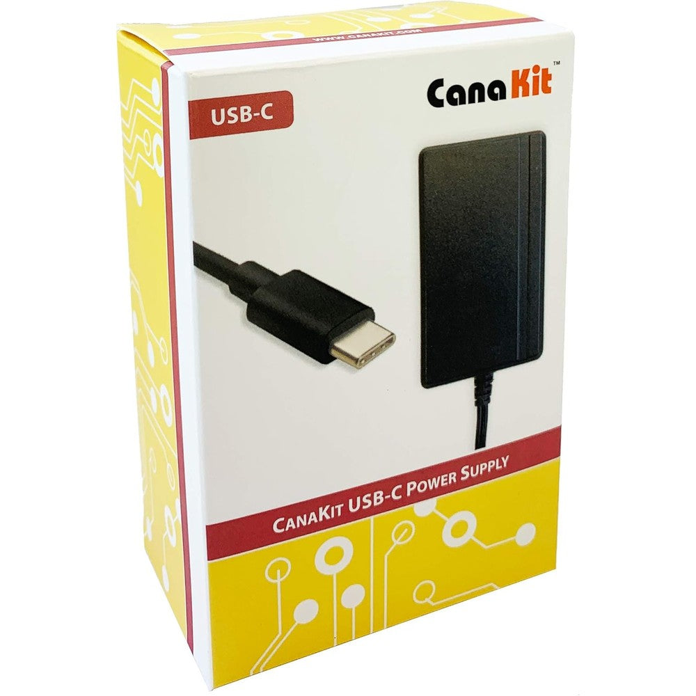 CanaKit Raspberry Pi 4 3.5A USB-C Power Supply front view showing the attached 18 AWG cable and integrated noise filter brick.
