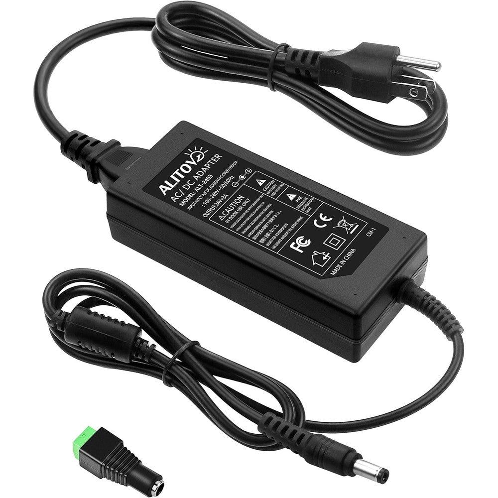 ALITOVE 24V 3 Ampere 72 Watt AC to DC adapter power supply front view showing sleek black casing and cord