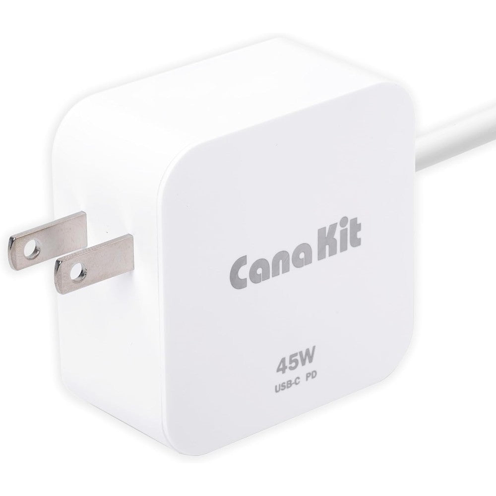 CanaKit 45W USB-C Power Supply with Power Delivery front view showing the premium adapter plug and integrated noise filter cable.