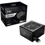 ASRock PRO-650G 650W power supply front view showcasing the matte black chassis and cooling fan.