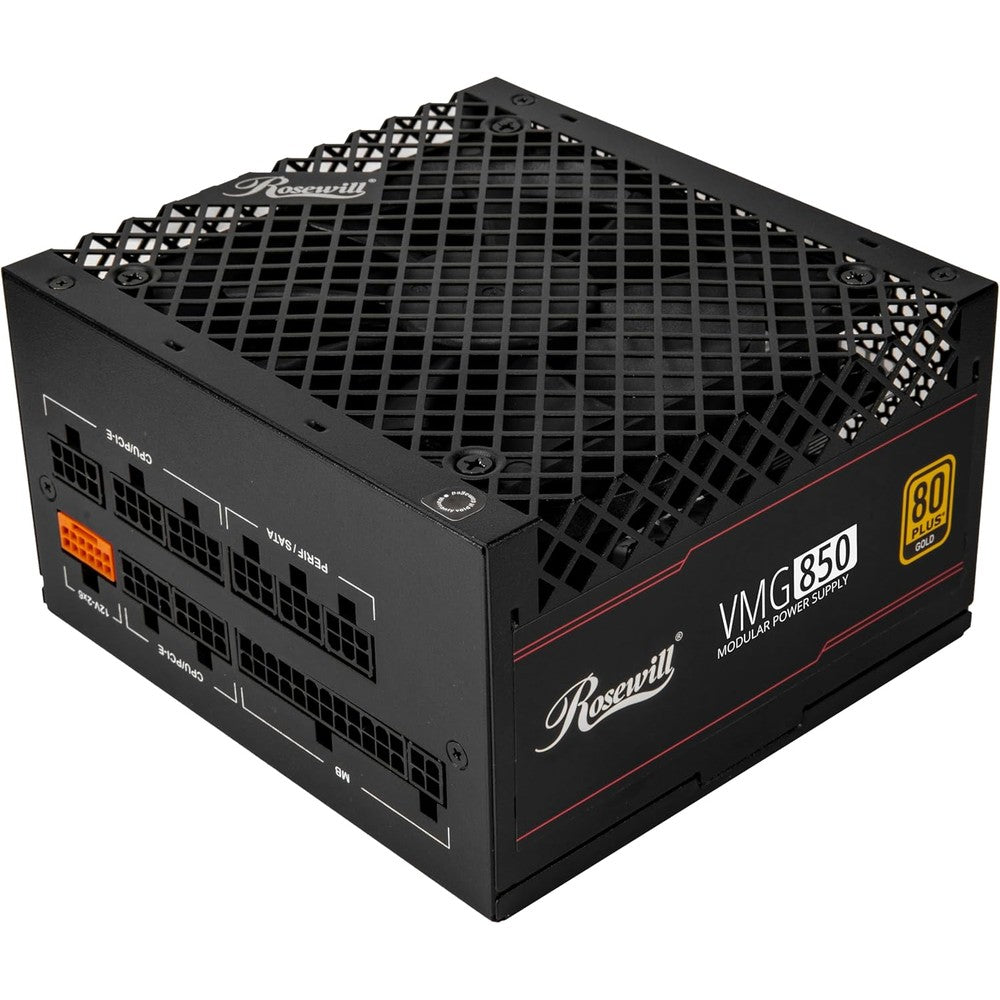 Rosewill VMG 850 Watt power supply unit front view highlighting premium modular cable interface