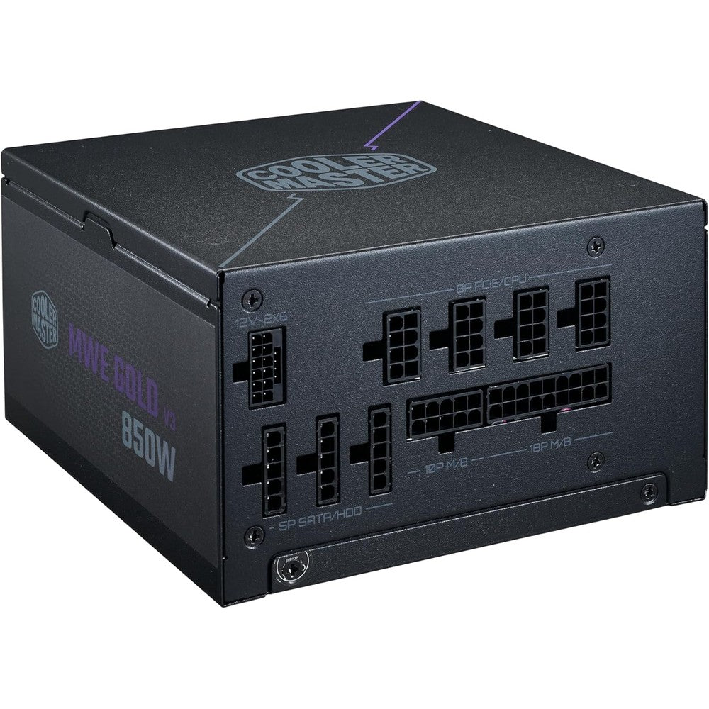 Cooler Master MWE Gold 850 Version 3 power supply unit front view highlighting modular cable sockets